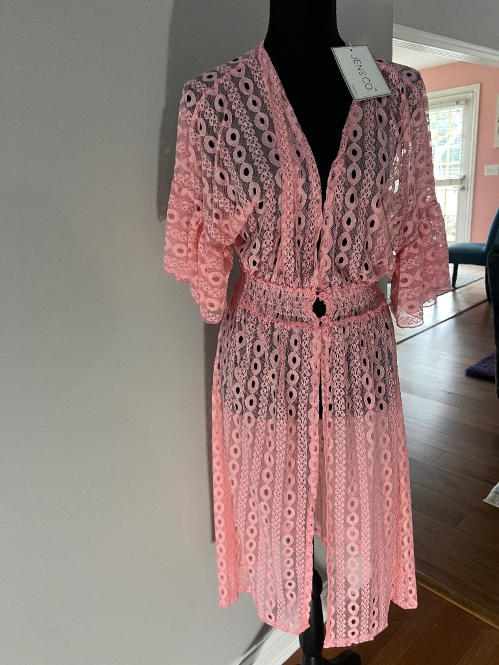 Jen & Co Pink Crochet Lace Kimono or Swimsuit Cover-Up